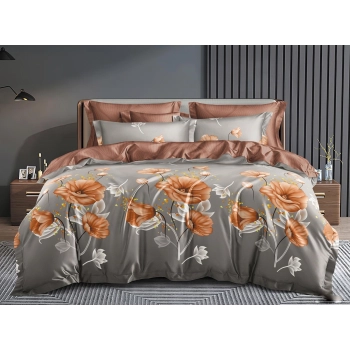 Pościel 160x200 bawełna szara w brązowe kwiaty PK777 z PRZEŚCIERADŁEM